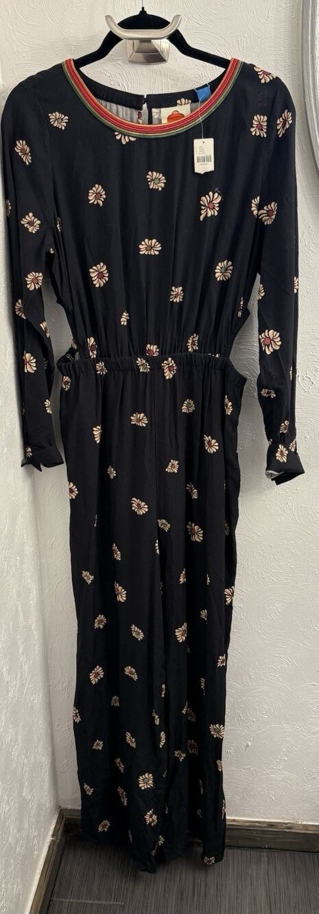 Anthropologie Farm Rio Long-Sleeve Floral Cutout Jumpsuit Size Medium Black
